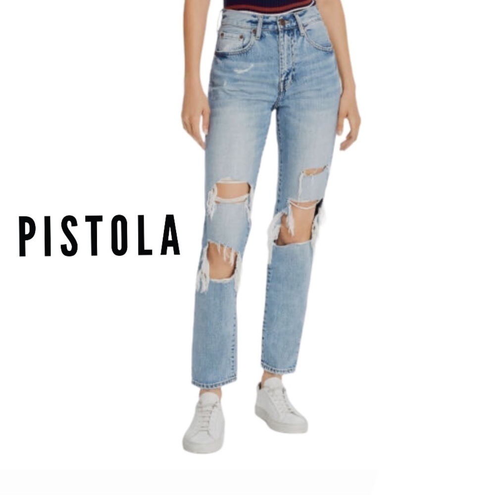 Pistola Distressed High Waisted Straight Leg Jeans